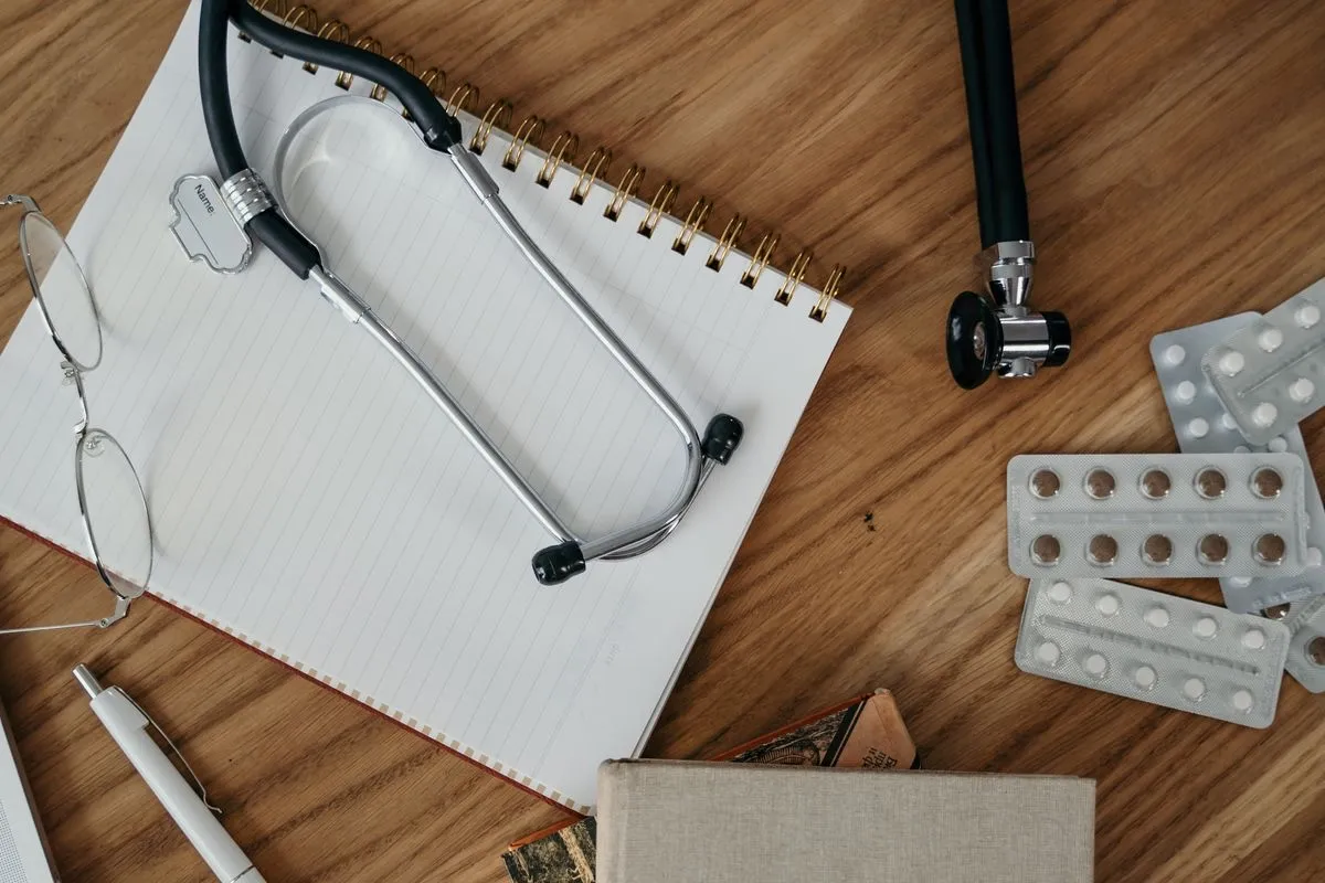 Medical supplies organized on a desk
