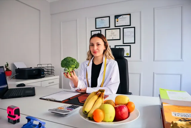 Provider reviewing nutrition with fresh fruit on the desk